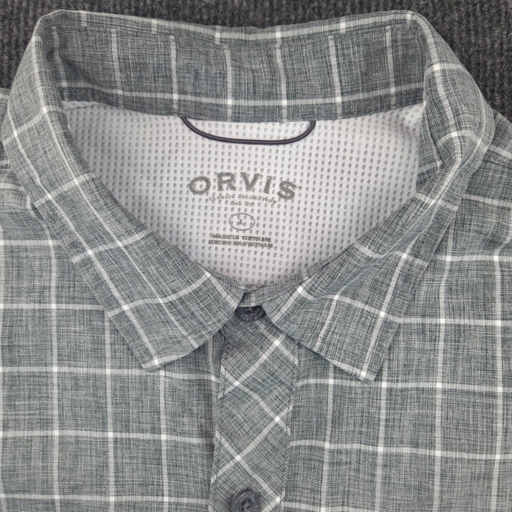 Orvis Plaid Short Sleeve Button Down Shirt Mens Large Grey Excellent Technical